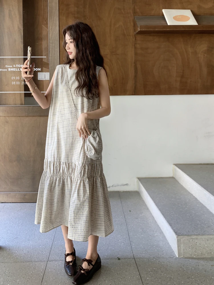 

Korean Style High Waist Pleated Sleeveless Gingham Patchwork round Neck Dress Summer New Slimming Long Dress Casual Wear