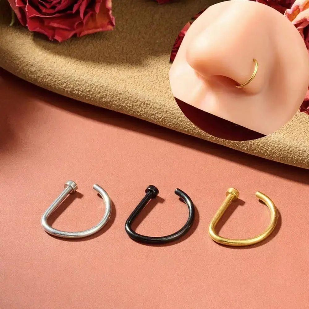 1-5pcs New Curved Barbells Fake Nose Piercing D Shaped Tragus Helix Stud Earring Stainless Steel Ring Nostril Body Jewelry