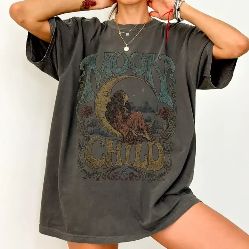 Comfort Colors Moon Child Shirt, Celestial Boho Graphic Tee, Vintage Psychedelic Moon T-Shirt, 70s Retro Hippie Tee, Mystical Bohemian Apparel