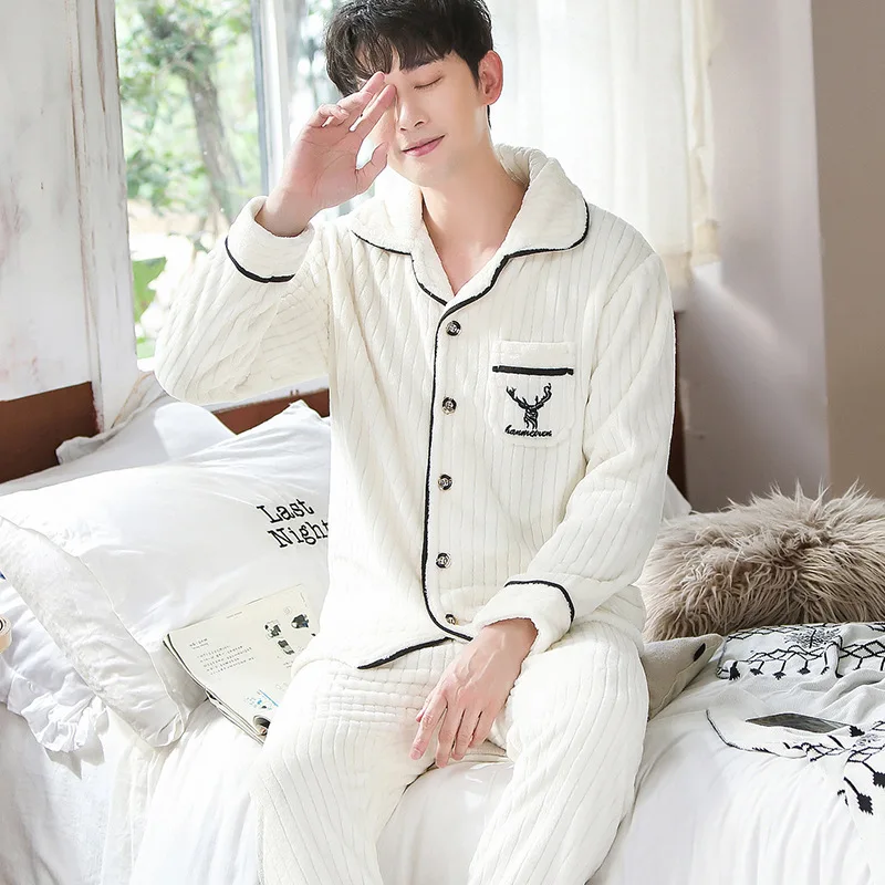 Pajamas Men\'s Long Sleeve Coral Velvet Autumn Winter New Plush and Thick Home Suit Set Comfortable Warm Daily Wear  Pijama