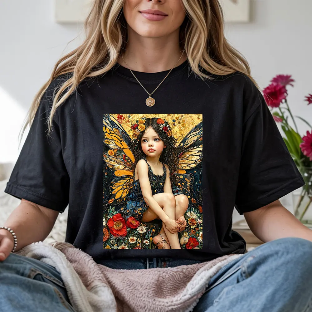 Vintage Butterfly Fairy Girl Heat Transfer Stickers Floral Elf DTF  Iron On Patches for Kids T-Shirt Hoodie Clothing DIY Decor