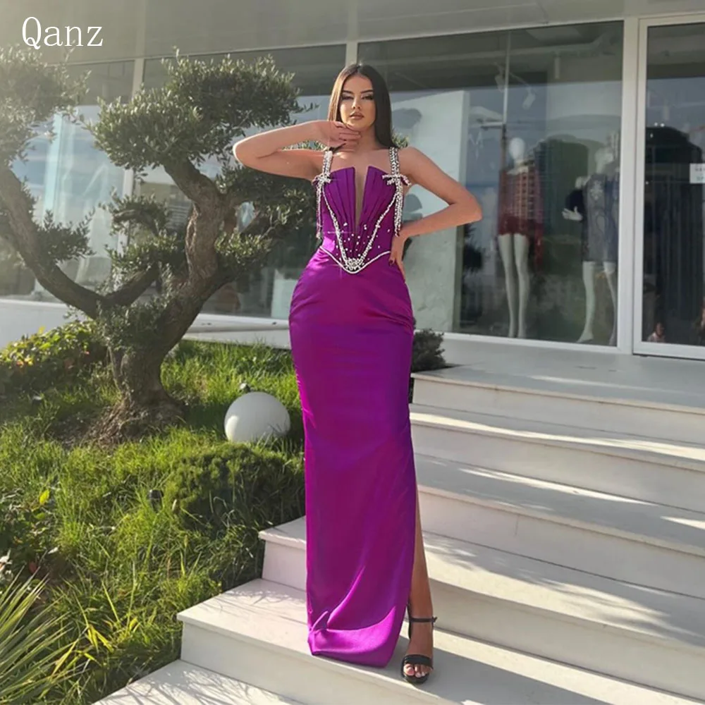 

Qanz Modern Satin Long Mermaid Prom Dresses Luxury Crystals Straps Pleat Evening Gowns Side Split Formal Party Dress for Women