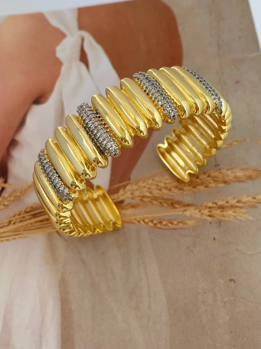 3PCS, Hip Pop Polish Geometric Women Cuff Bracelet Gold Metallic Plated Crystal Zircon Bangle Jewelry Gift