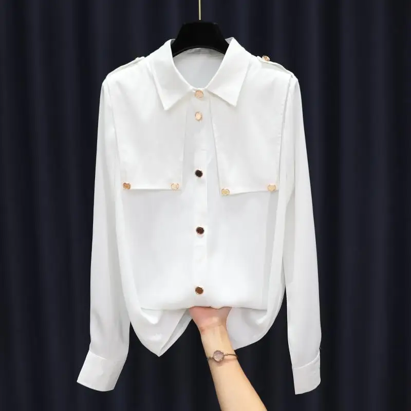 Autumn New Simplicity Buttons Solid Color Long Sleeve Blouse Ladies Fashion Bright Line Decoration Turn-down Collar Shirts Tops