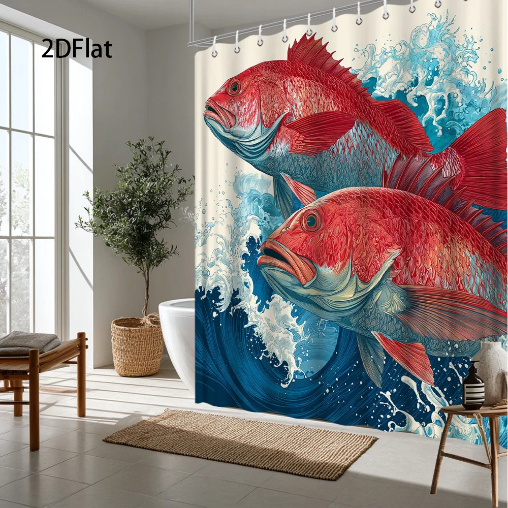 Cortina de ducha con diseño de olas del océano y peces rojos, cortina de baño impermeable de poliéster, arte náutico de Koi, decoración tropical subacuática para el hogar, baño