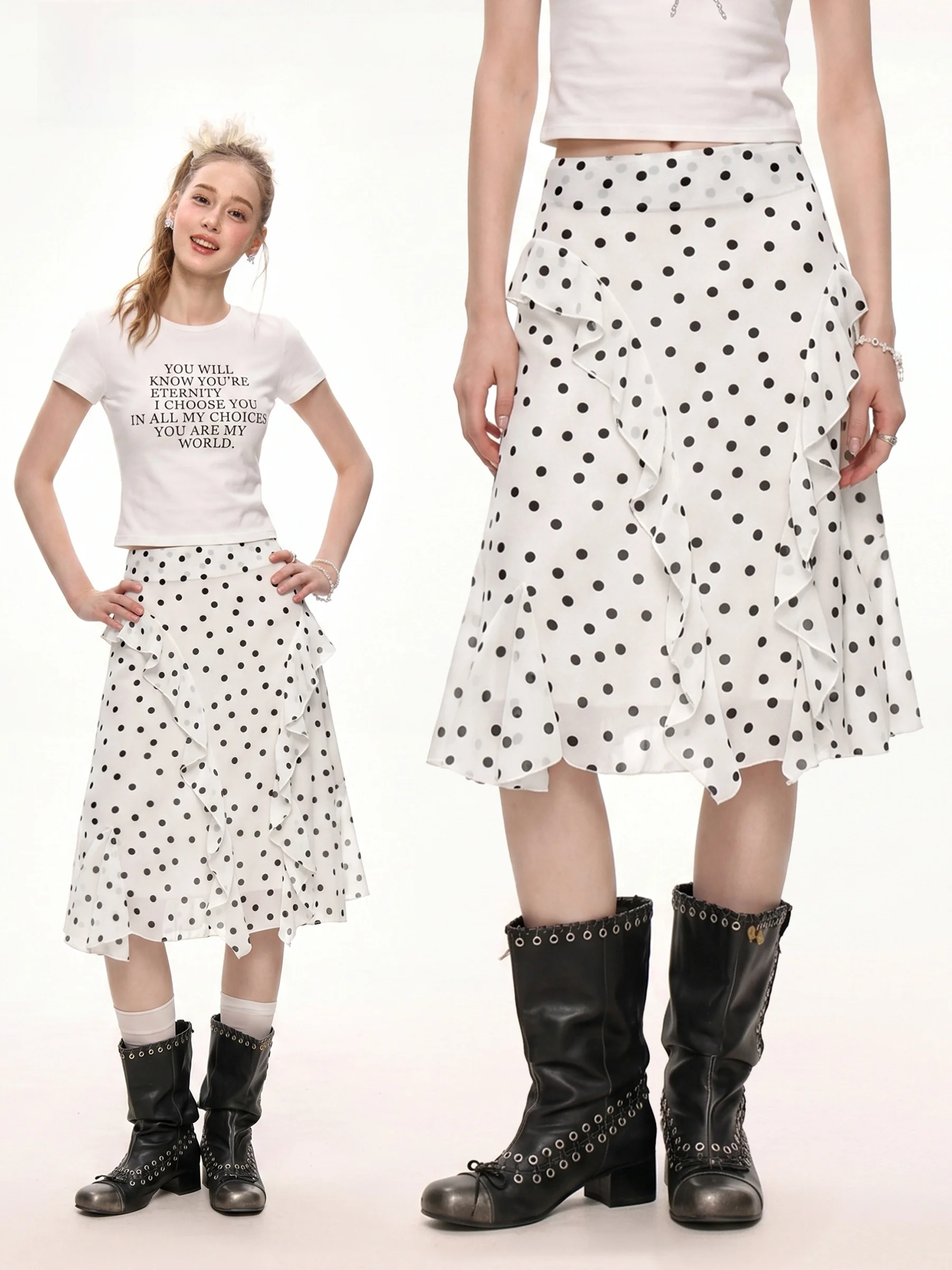 

High Waist Polka Dot Half Skirt Asymmetrical Design A-Line Skirt for Women Summer Casual Style Bell Sleeve Trendy Girl