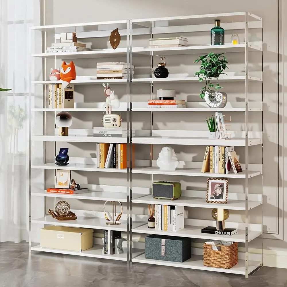 8-Tier Acrylic Bookshelf Set of 2 Modern Storage Rack Bookcase with Wood Shelves Living Room Bedroom Home Office Display