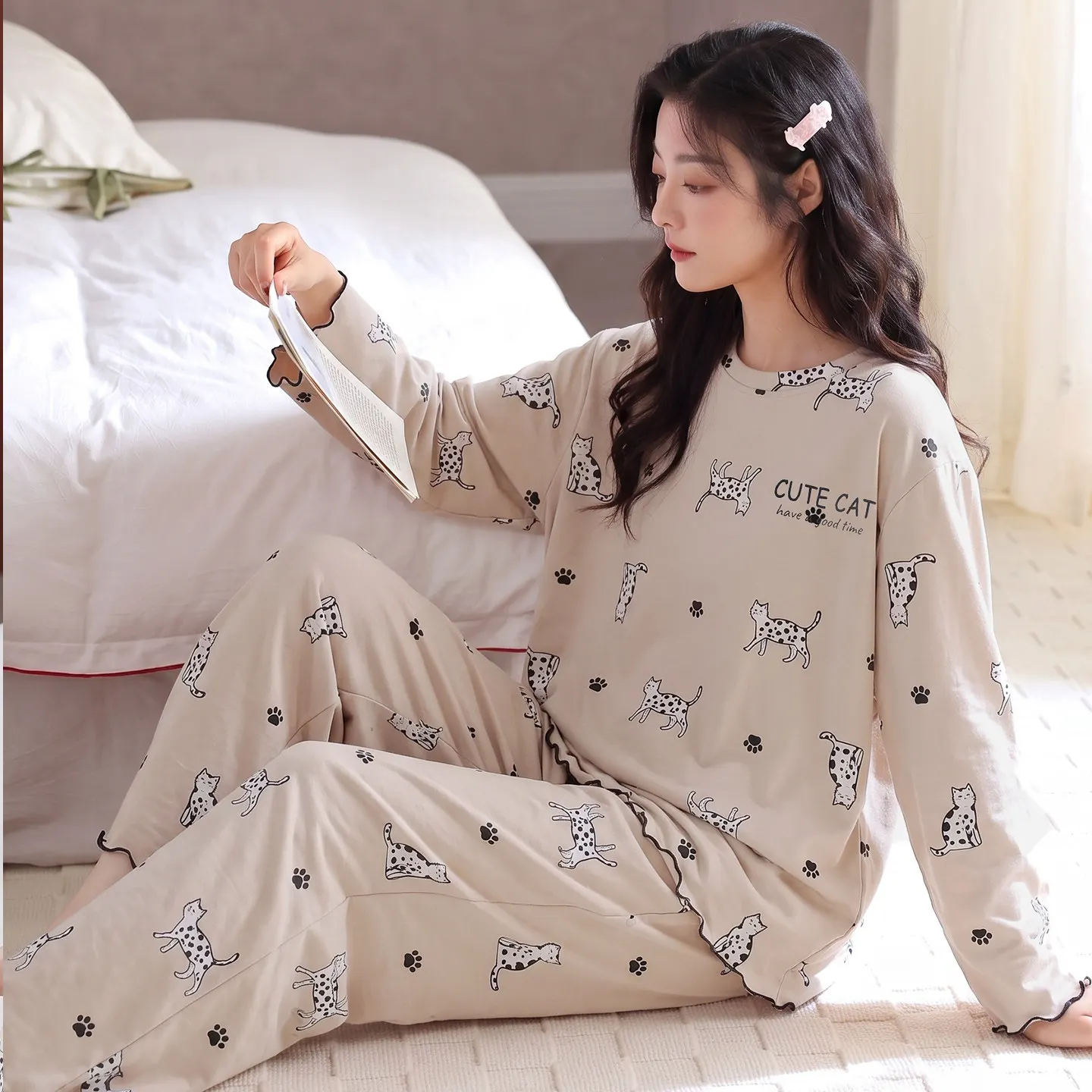 Korean Cotton Women's Pajamas Set with Bra Pad Spring Autumn Sleepwear 2 PCS Long Sleeping Top And Trouser Soft Casual Sleepwear