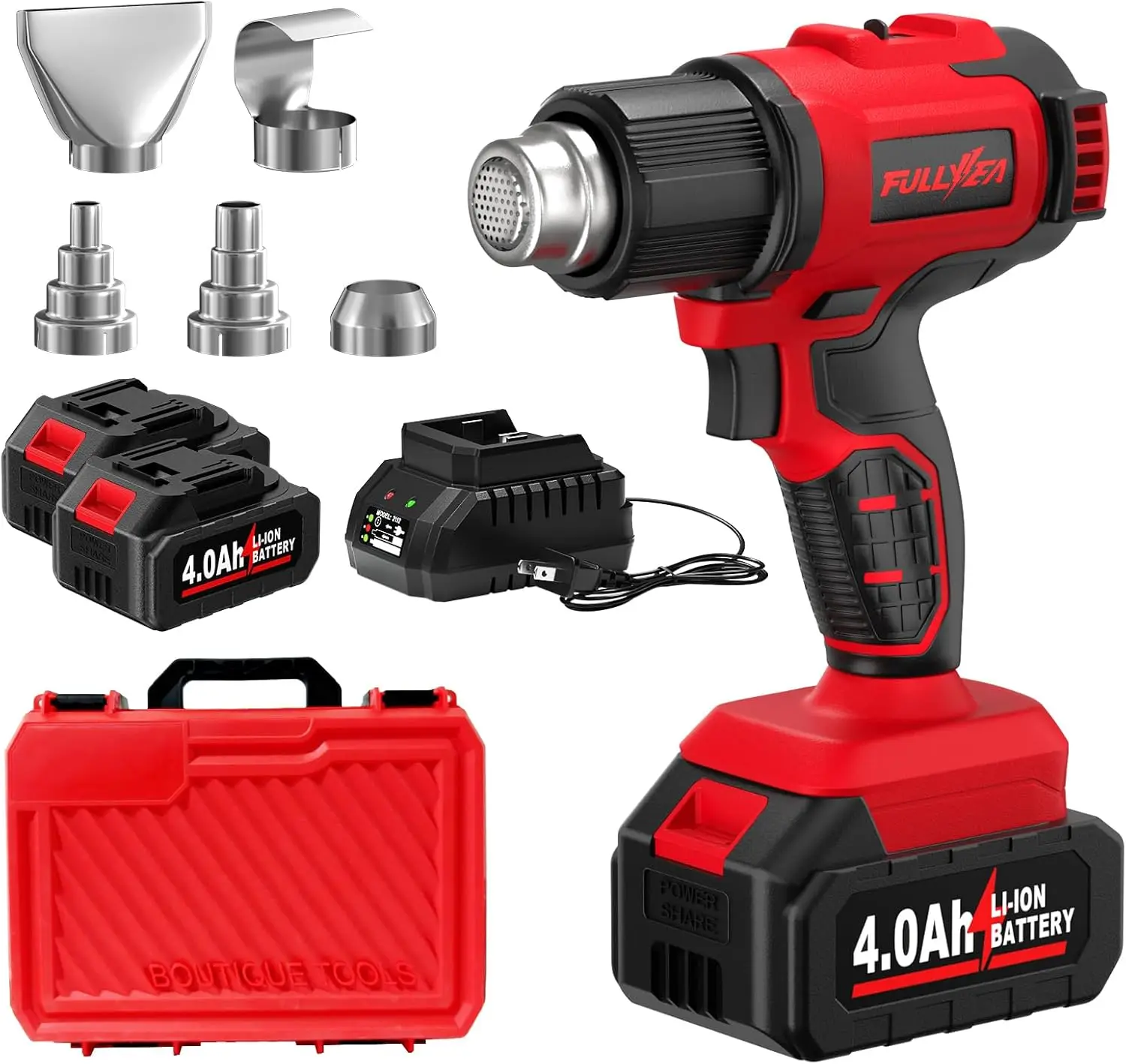Cordless Hot Air Gun, Up to 1022°F (550°C) Rapid Heating, Lightweight Battery-Powered Kit Including 2 x 4.0Ah Batteries and 5 Nozzles, Portable Heat Tool for Shrink Tubing, PVC Wrapping, and DIY Crafts, Red