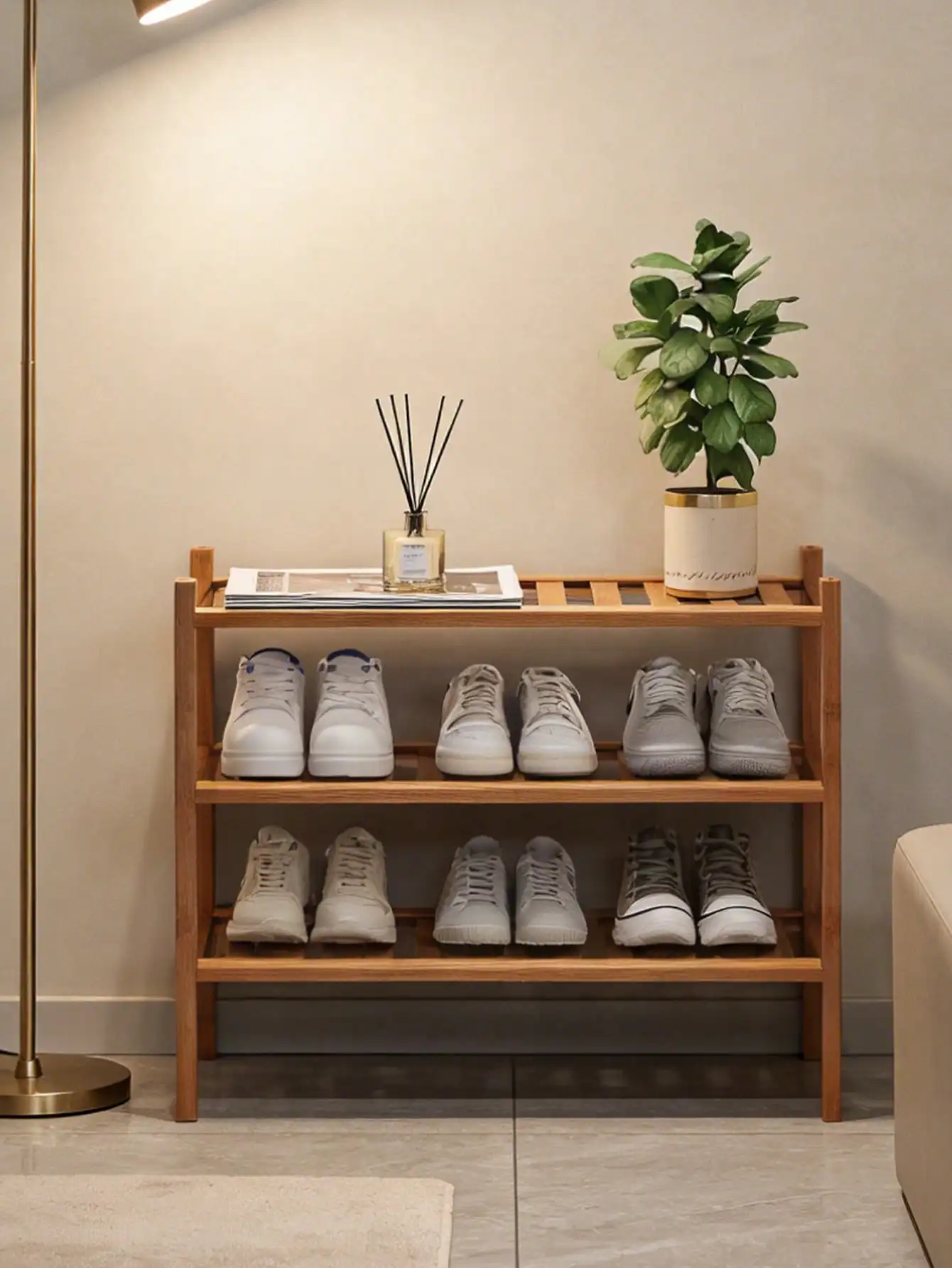 

Three-Layer Independent Shoe Rack, Stackable Modular Shoe Cabinet, Foldable Shoe Storage Rack, Bamboo And Wood Material Shoe Rac