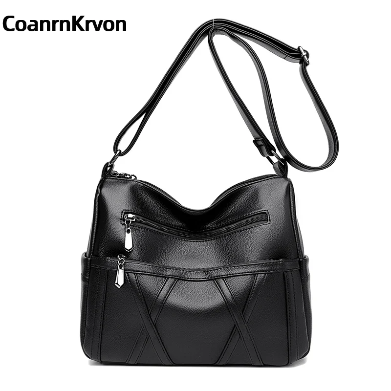 New 2024 Leather Black Crossbody Bag Women\'s Trendy Portable Gift Mom Bag Large Capacit Soft Multiple Layers Pockets Commuterbag