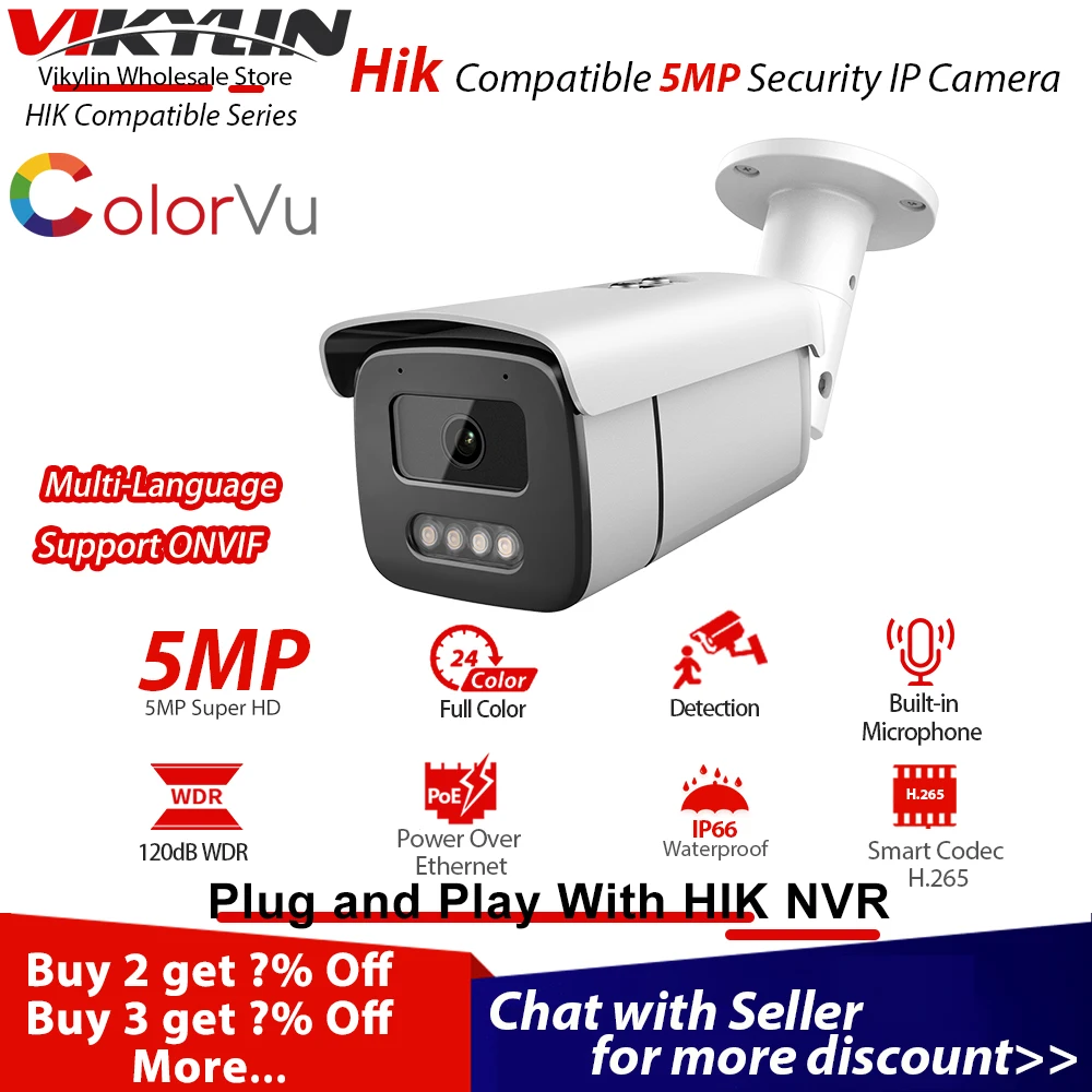 Vikylin 5MP 3.6mm Security IP Camera ColorVu for Hikvision Compatible POE motion detection with MIC ONVIF Plug Play with HIK NVR