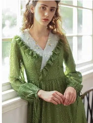 Green Dress Spring Women Vintage Elegant Slim Long Sleeve Embroidery Sexy Lace V-Neck Cotton Long Dress ropa mujer talla grande