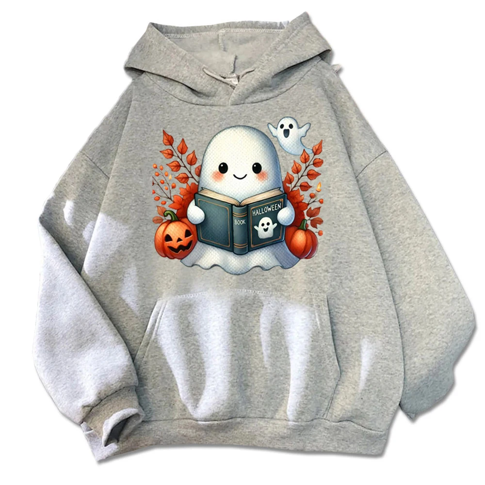 Halloween Special - Cozy Hoodie with Ghostly Book & Pumpkin Charm Hoodies Customizable Sweatshirt Women Men Clothing