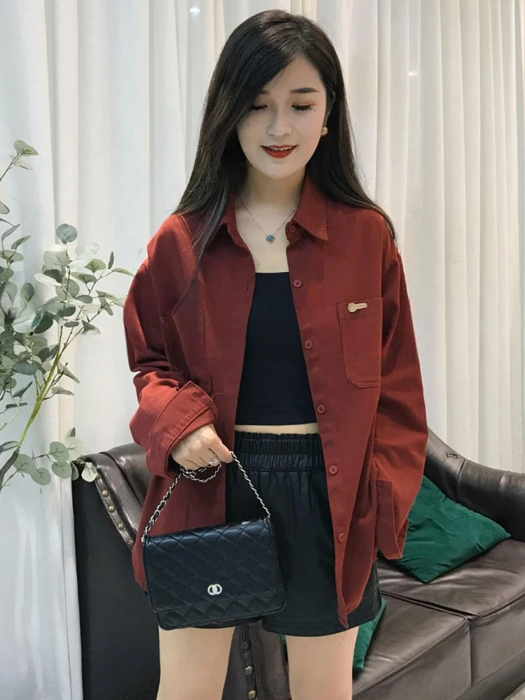 

Повседневная модная женская рубашка-жакет с длинным рукавом, свободного кроя, стройнящая, весенняя новинка, на одной пуговице, однотонная, с воротником