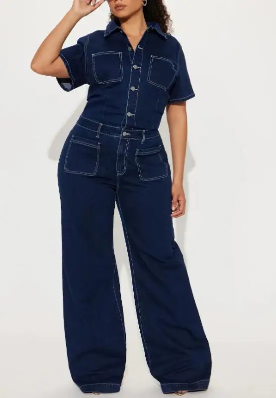 

2025 Spring/Summer New Women's Loose Elastic Bellmouth Wash Short Sleeve Denim jumpsuit jumpsuit wide leg pants