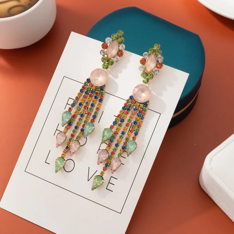 

Women Long Tassel Earrings Celebrity Colored Zircon Crystal Girl Dangle Green Wedding Bride Jewelry Luxury Quality
