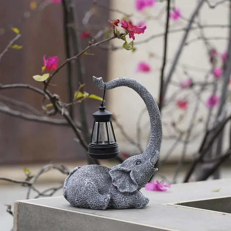 Elephant Outdoor Solar Lantern Elephant Statue Decor Solar Light Mother's Day Resin Art Home Animal Figurine Ornament For