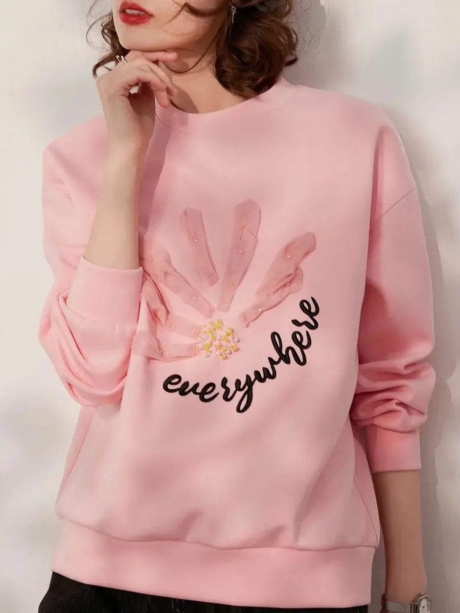 LOUIS YAO Women Hoodies 2024 Spring New 3D Embroider Flower Round Neck Long Sleeve Loose Fit Casual Pullover Women Tops