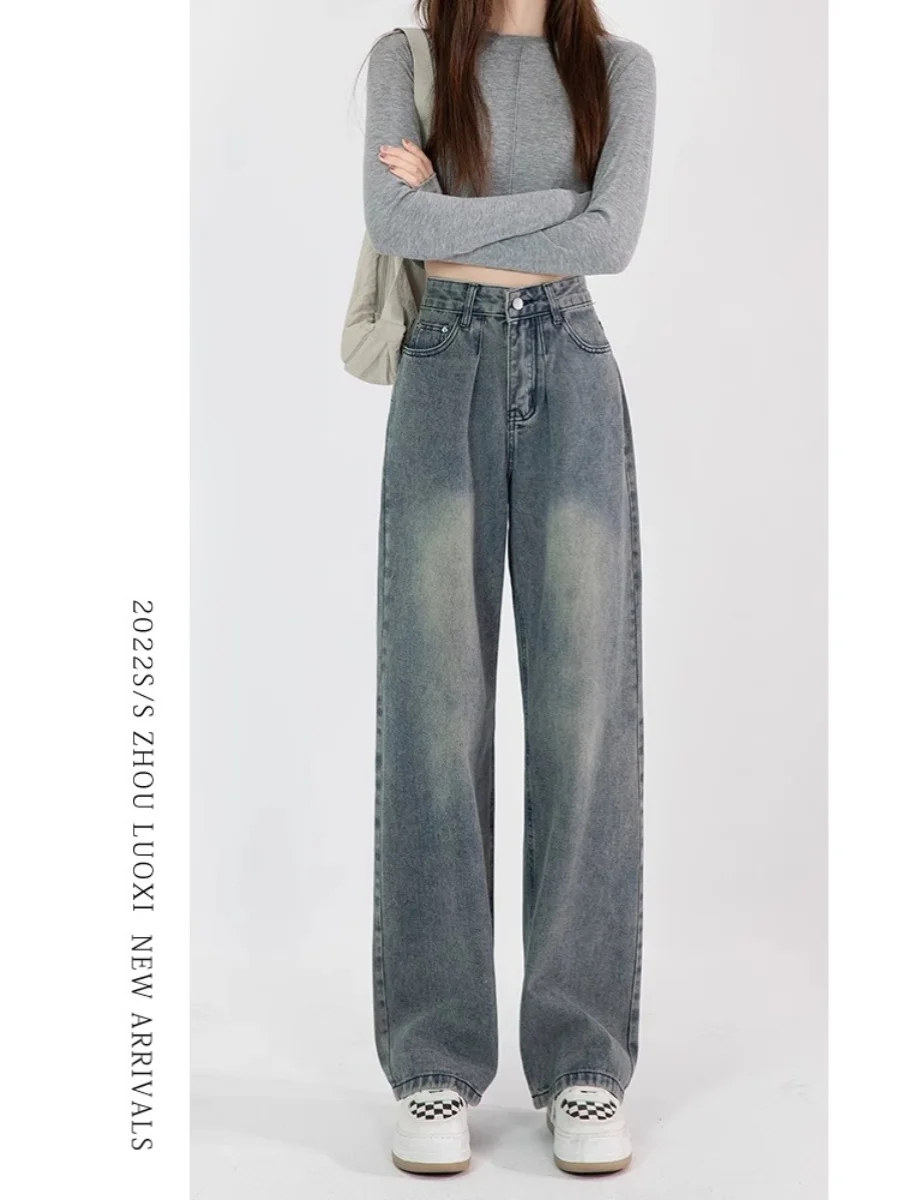 

Retro High Waist Wide Leg Jeans Women's Spring New Loose Slim Straight Floor-Length Pants Water Washed Casual Straight Jeans
