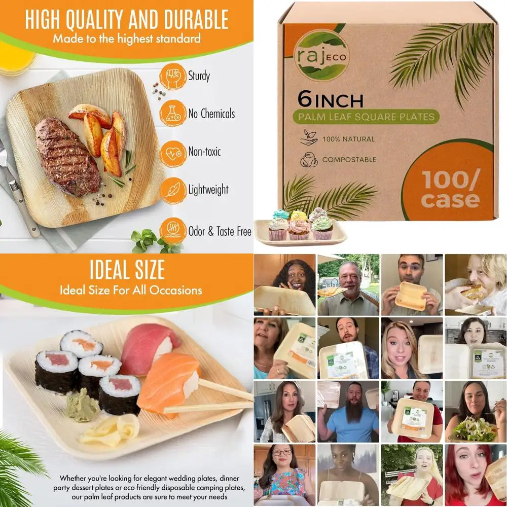 

100 шт., 6 квадратных тарелок с пальмовыми листьями, экологически чистая одноразовая посуда для мероприятий