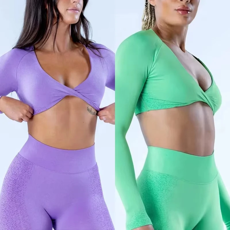 

Ignite Twist Front Clothes Crop Top Workout Sports Women's Deep V-neck Seamless Yoga Clothing Gym Wear Sexy Long Sleeve T-shirt
