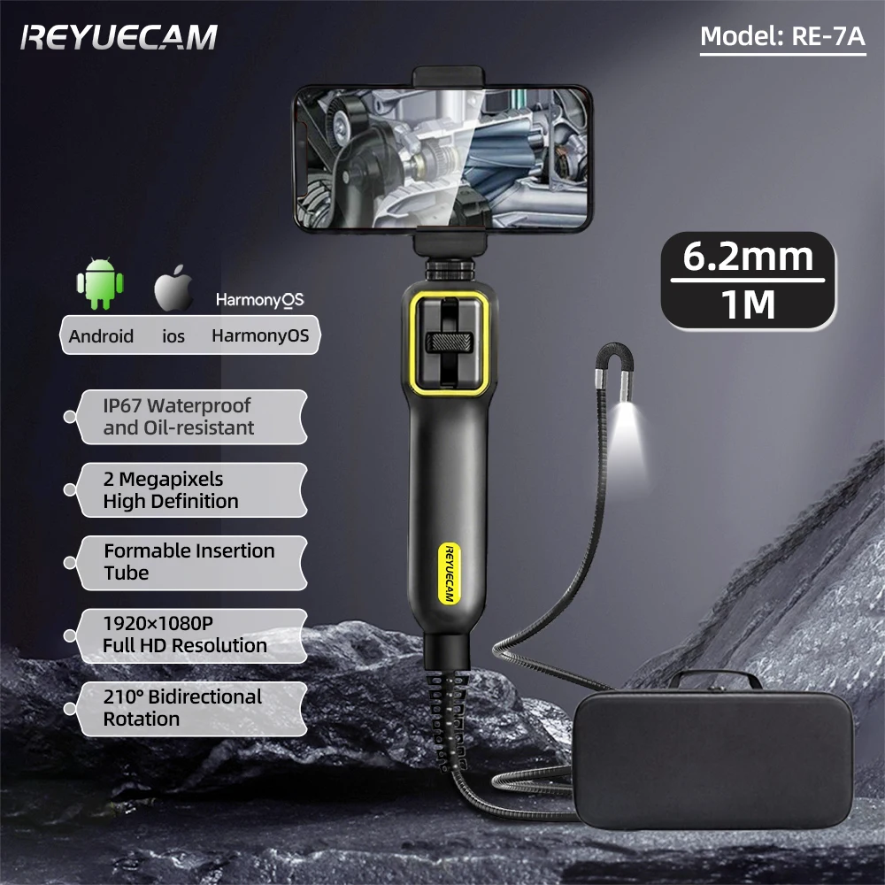 

REYUECAM RE-7A 210 ° Двунаправленный артикулируемый бороскоп 6,2 мм, HD-камера для инспекции, водонепроницаемая по стандарту IP67, для iOS и Android