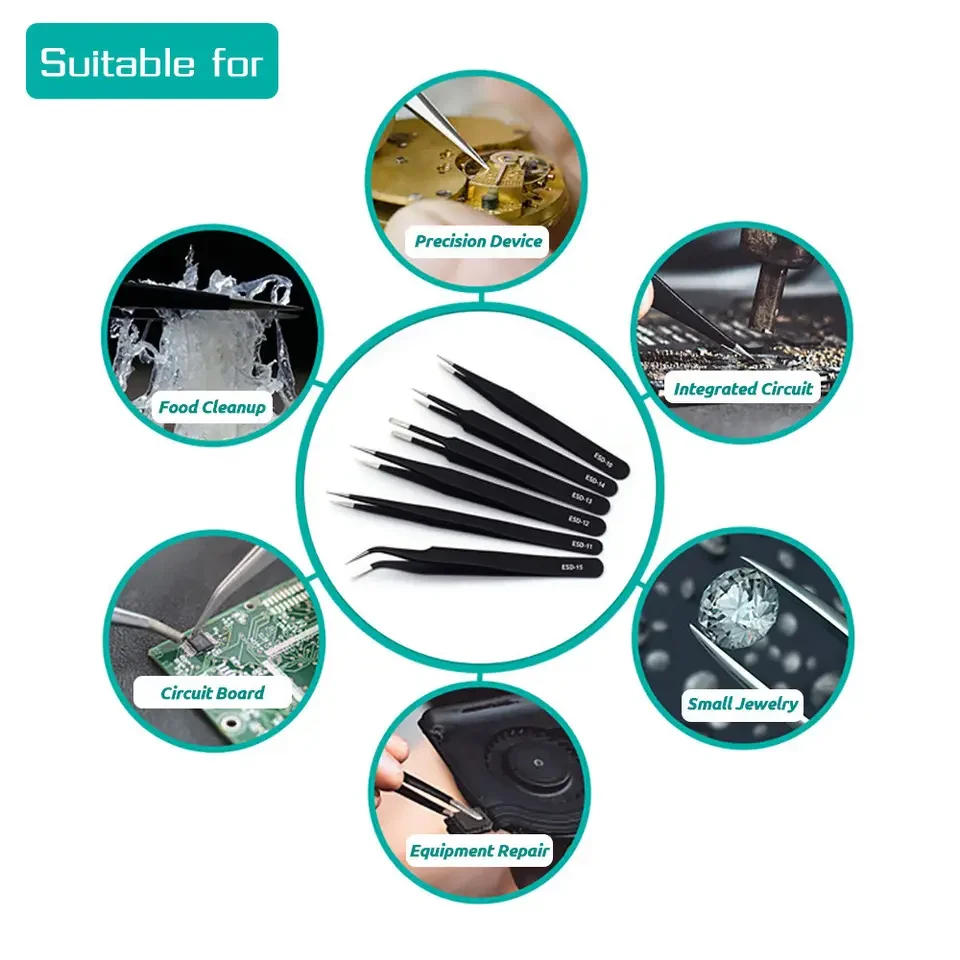 6 Pcs Precision Tweezers ESD Stainless Steel Antistatic Industrial Electronic Components Maintenance and Antistatic Pincet