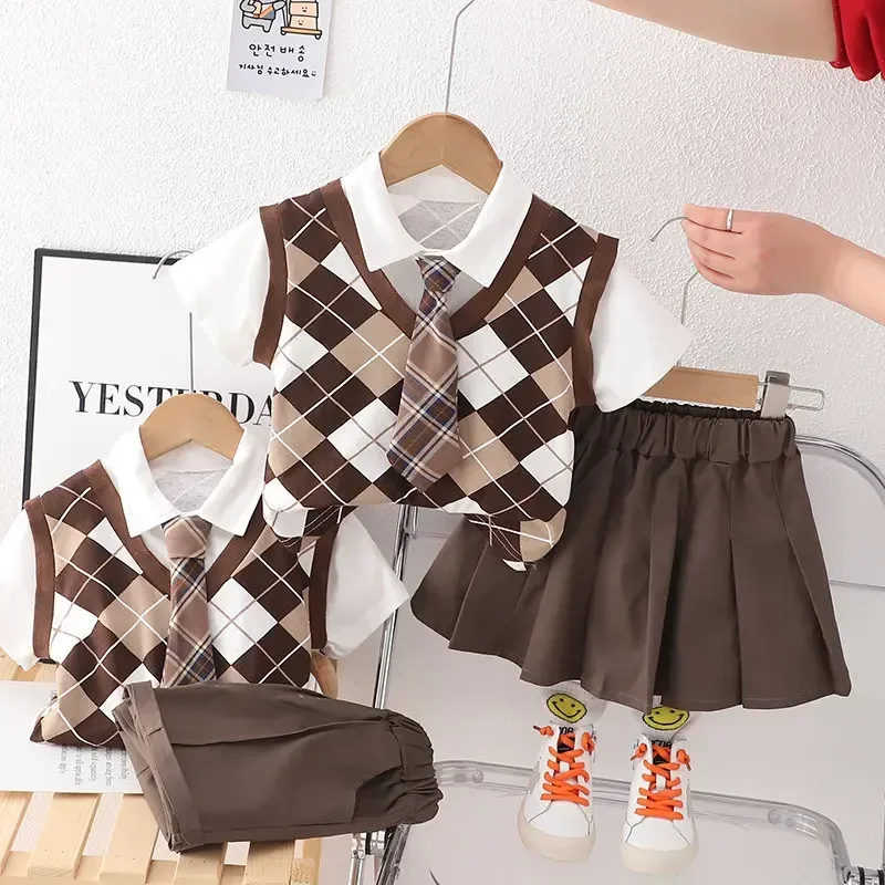 

New Summer Kids Girls Boys Clothing Toddler Fashion School Children Plaid Clothes Suit T Shirt Overalls Pants 2Pcs/Set 0-5 Years