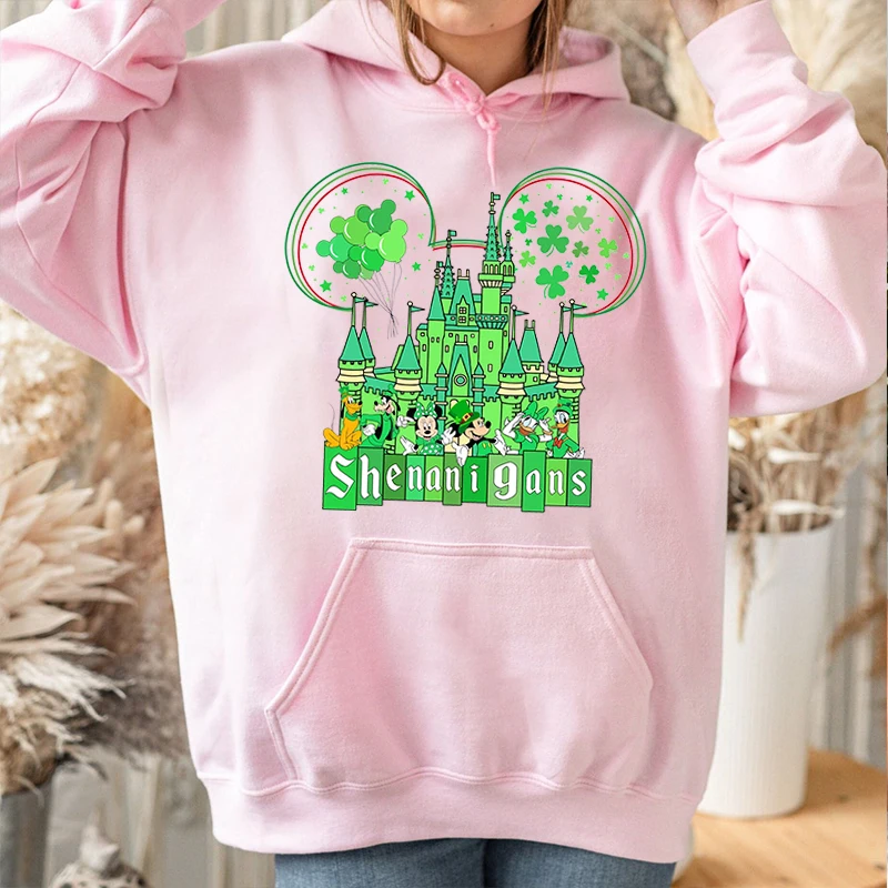 Mickey & Friends St Patrick's Day Printed Women's Hoodie Casual Sports Sweater Loose Top