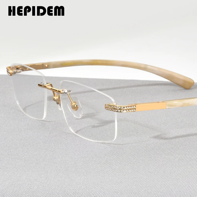 HEPIDEM Buffalo Horn Diamonds Glasses Men Luxury Brand Design Square Luxury Sumptuous Buffs Rimless Eyeglasses Frames for Women