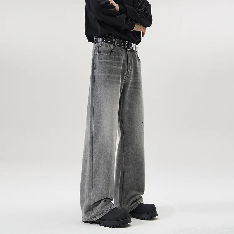 Gray Gradient Washed Sashes Flare Jeans Men's Streetwear Baggy Y2K Bell-bottoms Harajuku Loose Casual Denim Trousers Male
