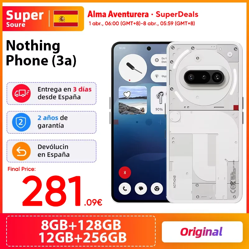 Version mondiale Nothing Phone (3a) Qualcomm Snapdragon 7s Gen 3 Écran AMOLED 6,77 pouces 120 Hz double 50 MP