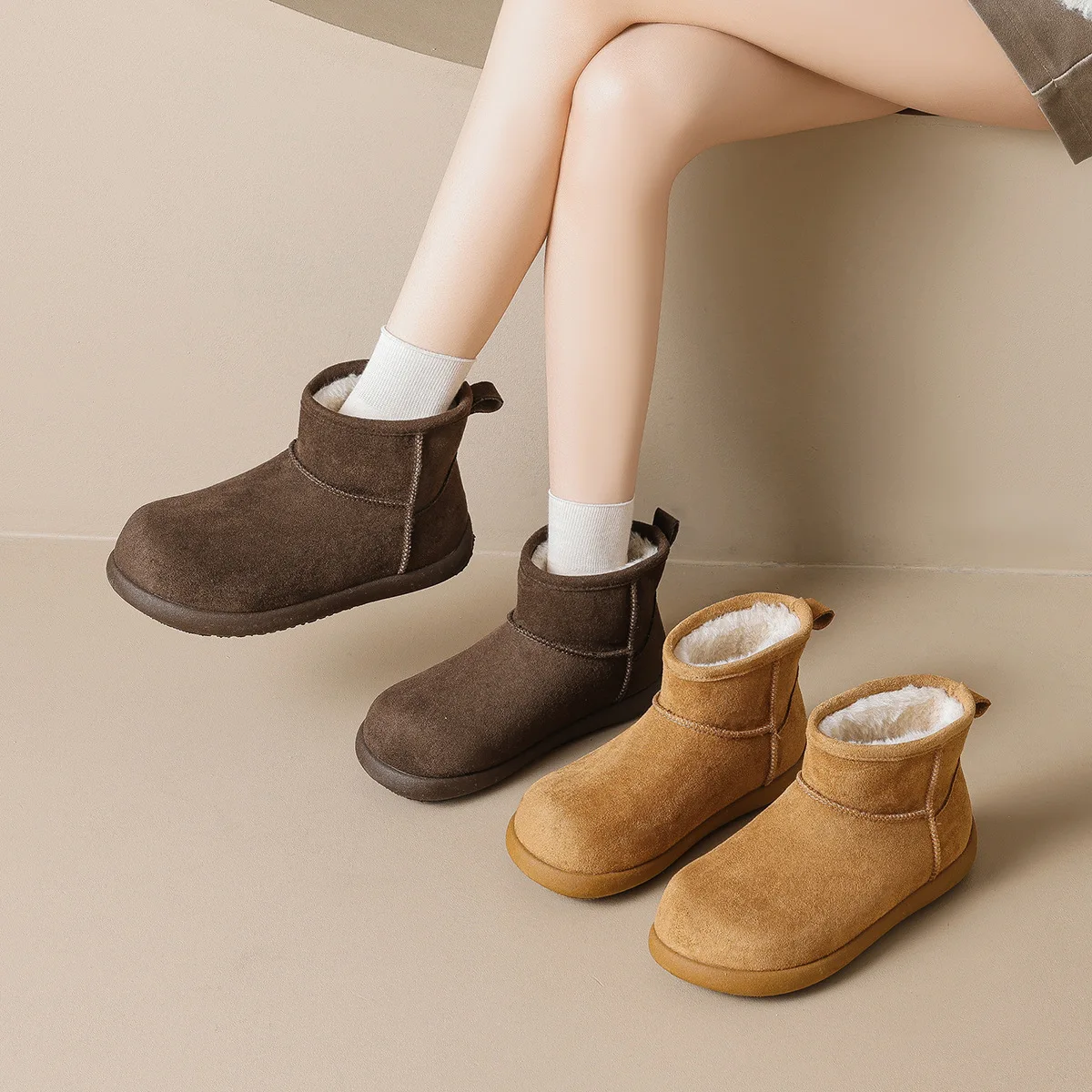 

Women's Black/Chestnut Fleece-Lined Suede Slip-On Ankle Boots for Winter Indoor Outdoor Casual Short Boots Q-086