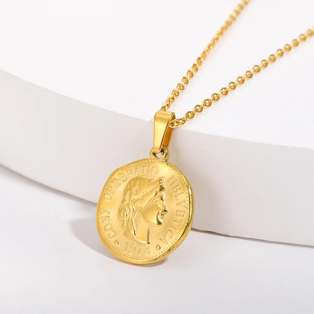 Stainless Steel Portrait Queen Coin Necklace Fashion Gold Color Round Coin Carved Queen Pendant Choker Waterproof Female Jewelry