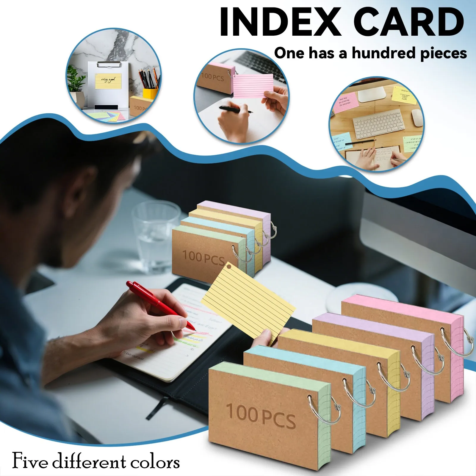 100 tarjetas de índice de colores, tarjetas Flash con anillo, tarjetas de notas con forro en ambos lados, tarjeta de estudio gobernada para estudiar, aprender, escuela, universidad