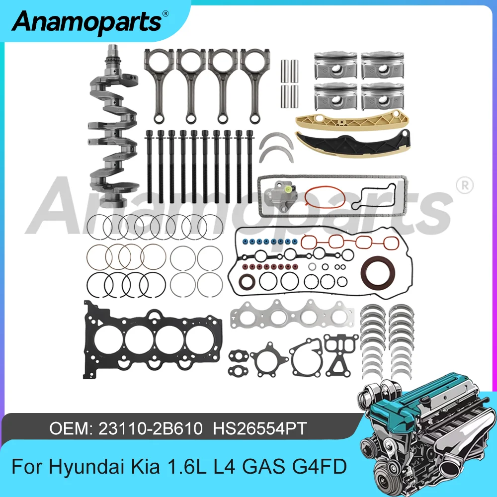 Engine Overhaul Rebuild Kit Crankshaft Full Gasket Set Piston Timing Chain Kit Fit 1.6 L L4 G4FD GAS For Hyundai Kia 1.6L 12-17