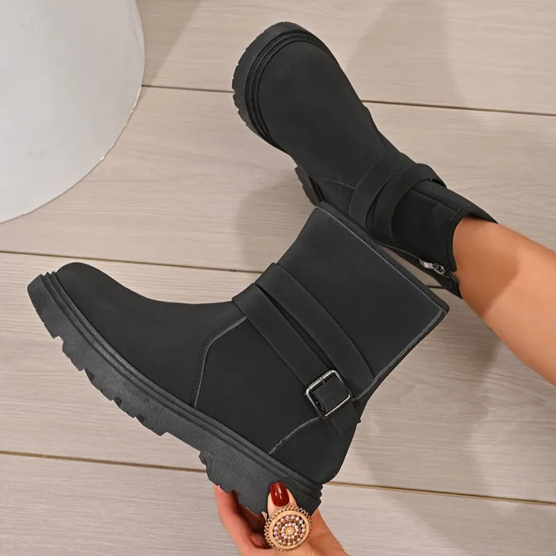

2025 Winter Flats Women Ankle Boots Fashion New Buckle Shoes Designer Chelsea Short Boots Elegant Dress Shoes Casual Zapatillas