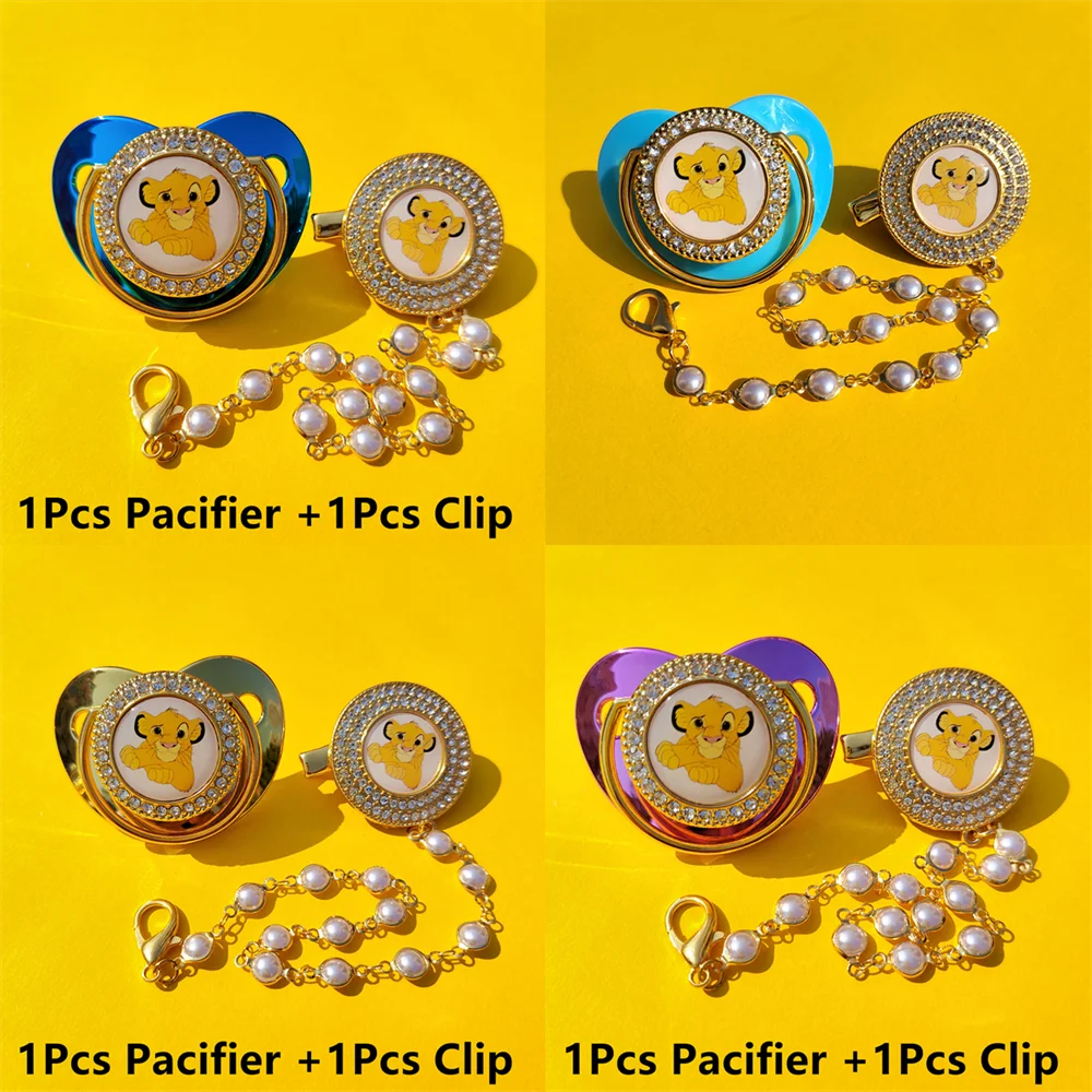 [2Pcs] Disney Movie Lion King Cute Cartoon Character Simba Image Dummy Golden Bling Rhinestone Holder for Dummy Newborn Chupete