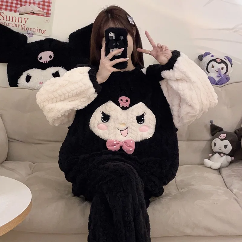 Sanrio Kuromi Cinnamoroll อะนิเมะผู้หญิงชุดนอนฤดูหนาวหนา WARM Homewear 2 ชิ้นการ์ตูน My Melody Plush Nightgown ชุด