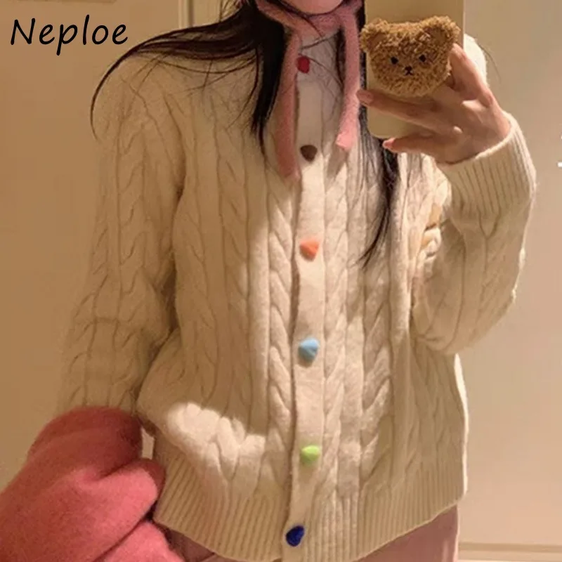 Neploe Heart Button Fried Dough Twists Sweater Coat 2024 Autumn New O-neck Loose Knitted Tops Long Sleeve Bottoming Cardigans