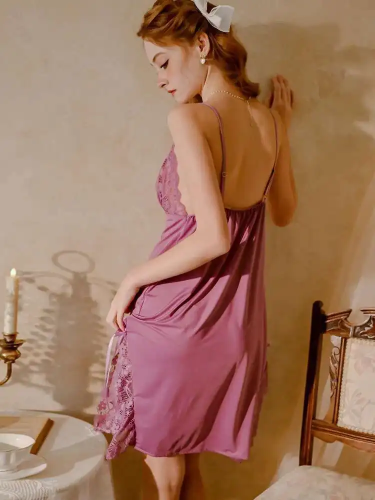 Sexy Pure Desire Casual Style Solid Color Lace Dress Backless Deep V Suspenders Sleeveless Dress Elegant Charming Beautiful 0W88