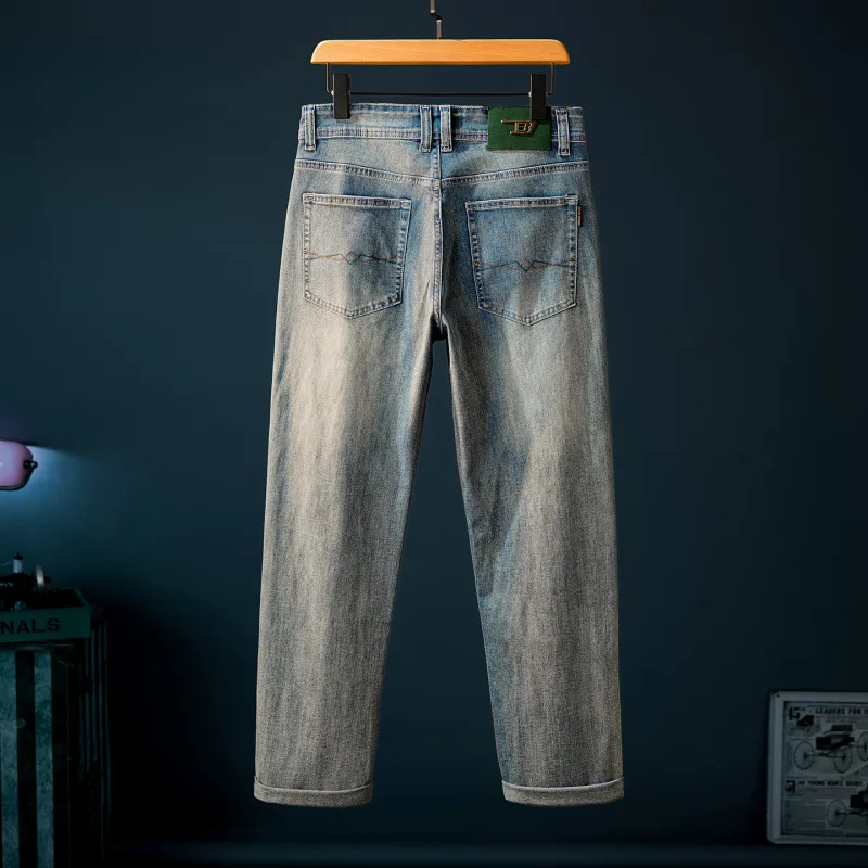 

Retro blue minimalist jeans men's straight tube loose and lightweight business trend fashionable men's clothing high-end pants