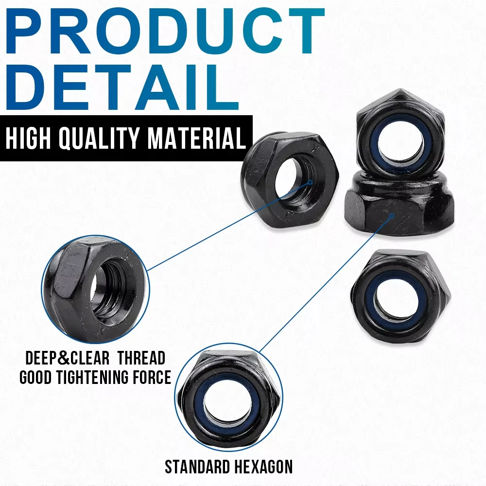 357/200/162pcs Mix M2 to M12 Set Kit  Black Carbon Steel Hexagon Nylon Insert Lock Nut Hex Self Locking Nylock Locknut