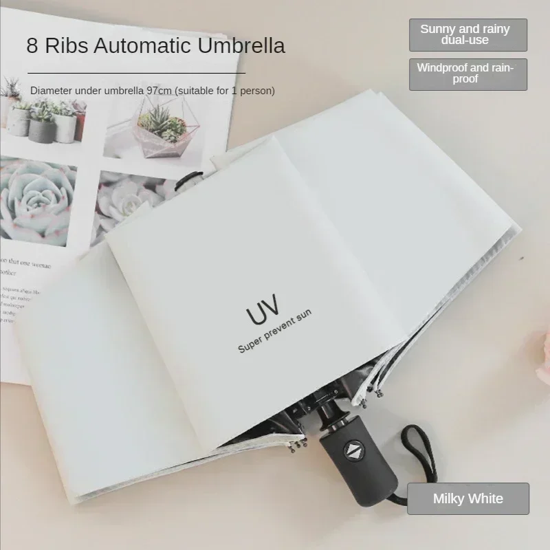Automatic Foldable Umbrella UV Black Glue Sun Rain Dual Use Windproof Reinforced Portable Lightweight for Daily Outdoor Travel