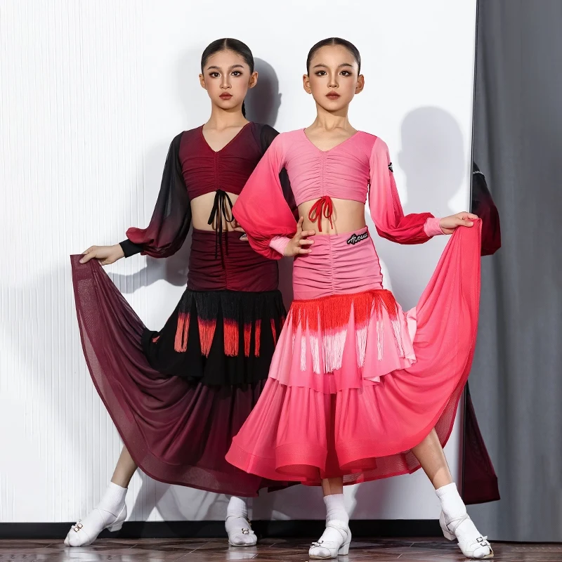 

Fashion Ballroom Dance Dresses Girls Chacha Latin Costumes Lantern Sleeves Top Fringed Skirt Kids Performance Clothes DQS20033