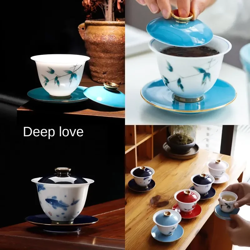 

【CHIMU HOME】 Hand-painted Ceramic Teacup and Bowl Set for Kung Fu Gaiwan with Egg-shell Porcelain Teapot for