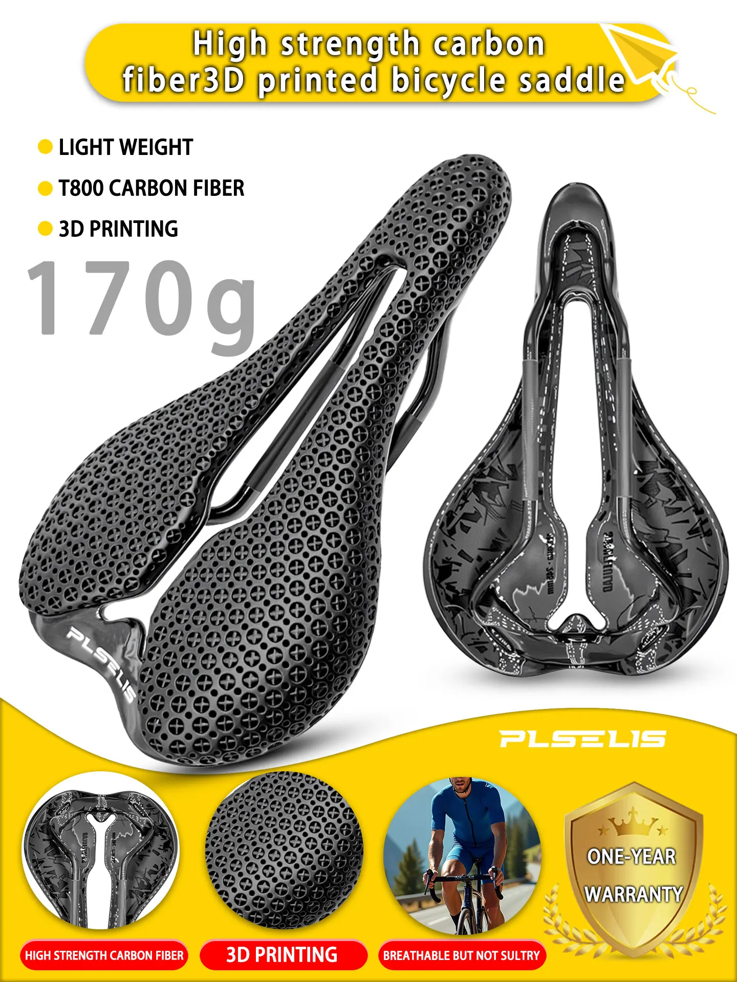 AliExpress plselis Plselis Road Bicycle Saddle High-Strength Carbon Fiber 3D Printed Counterweight Lightweight 170g Bike Cushion Riding Accessory