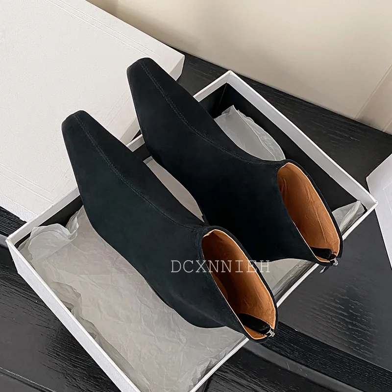 New Cow Suede Square Toe Chelsea Boots Women's Solid Color Rear Zipper Flat Ankle Boots Autumn Winter Retro Versatile Short Boot