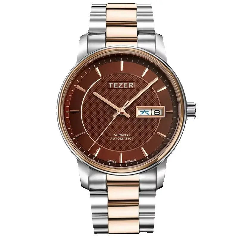 TEZER Men Automatic Watch | Two-tone Metal Band | Brown Textured Dial | Day Date Window 50M Waterproof Business Wristwatch